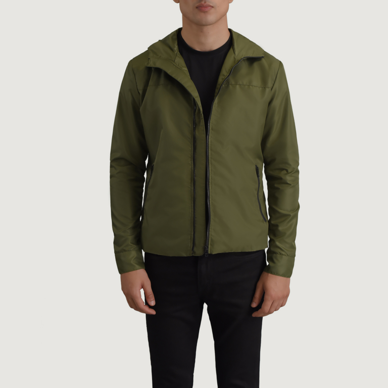 Mens Wesley Green Hooded Windbreaker Jacket Open Front-4-1698749466277